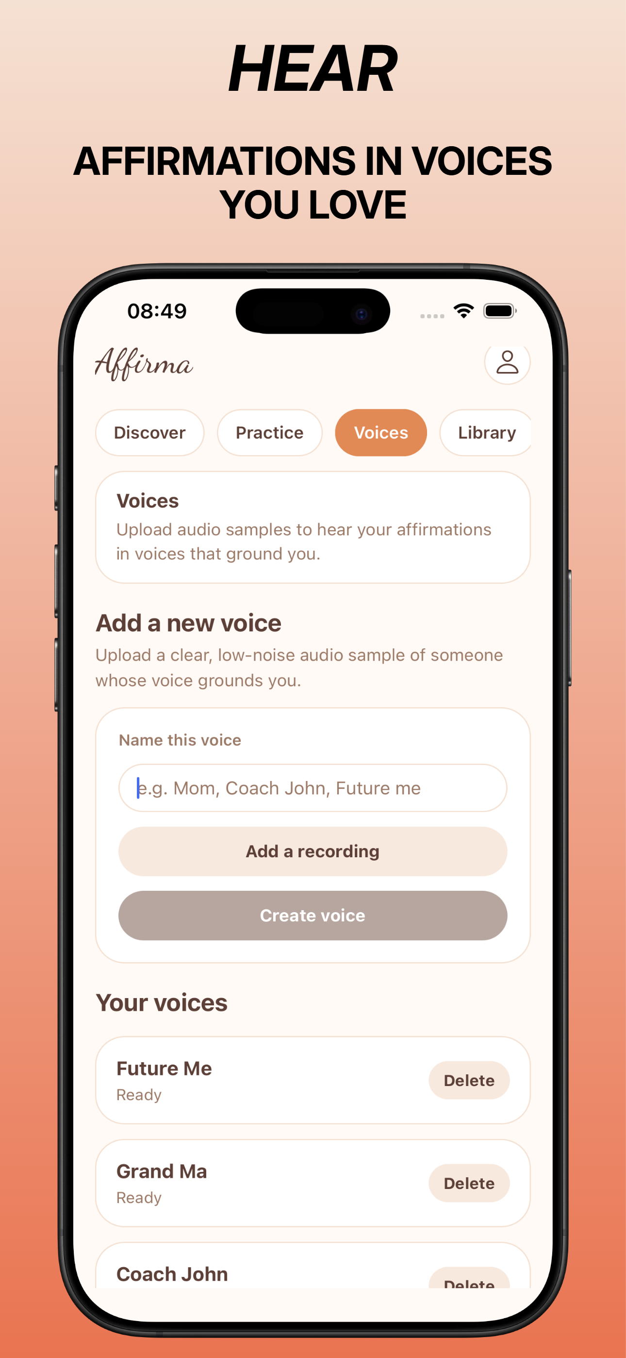 Voices tab with options to add a new voice and a list of saved voices