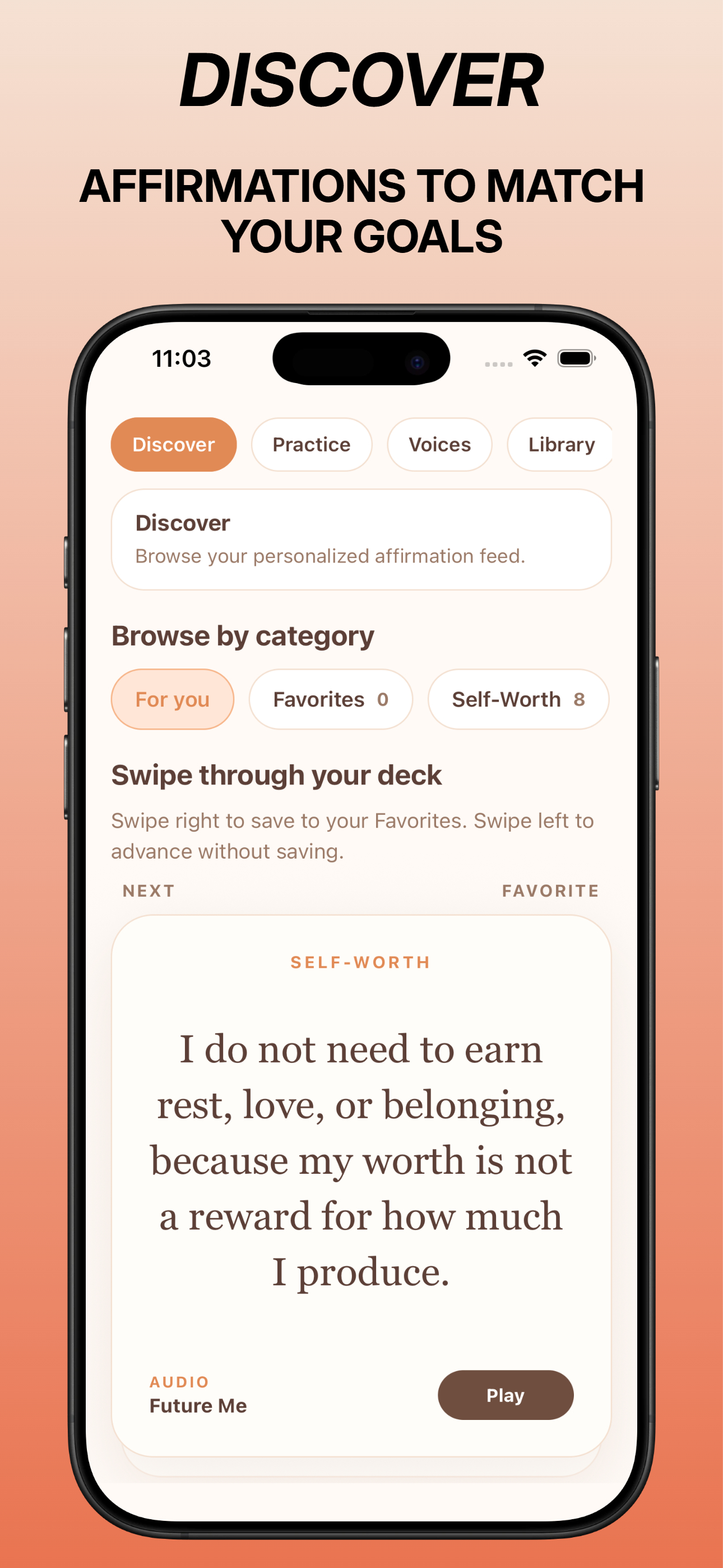 Discover tab showing the swipeable affirmation deck