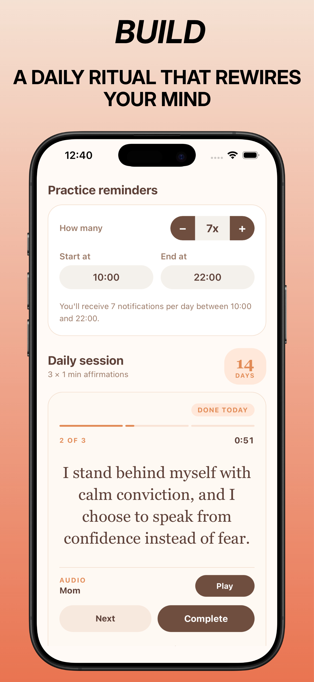 Practice reminders and a daily session in progress with a 14-day streak